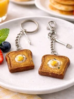 Egg in a Hole Keychain or Bag Clip – Mini Breakfast Toast Charm, Food Keychain